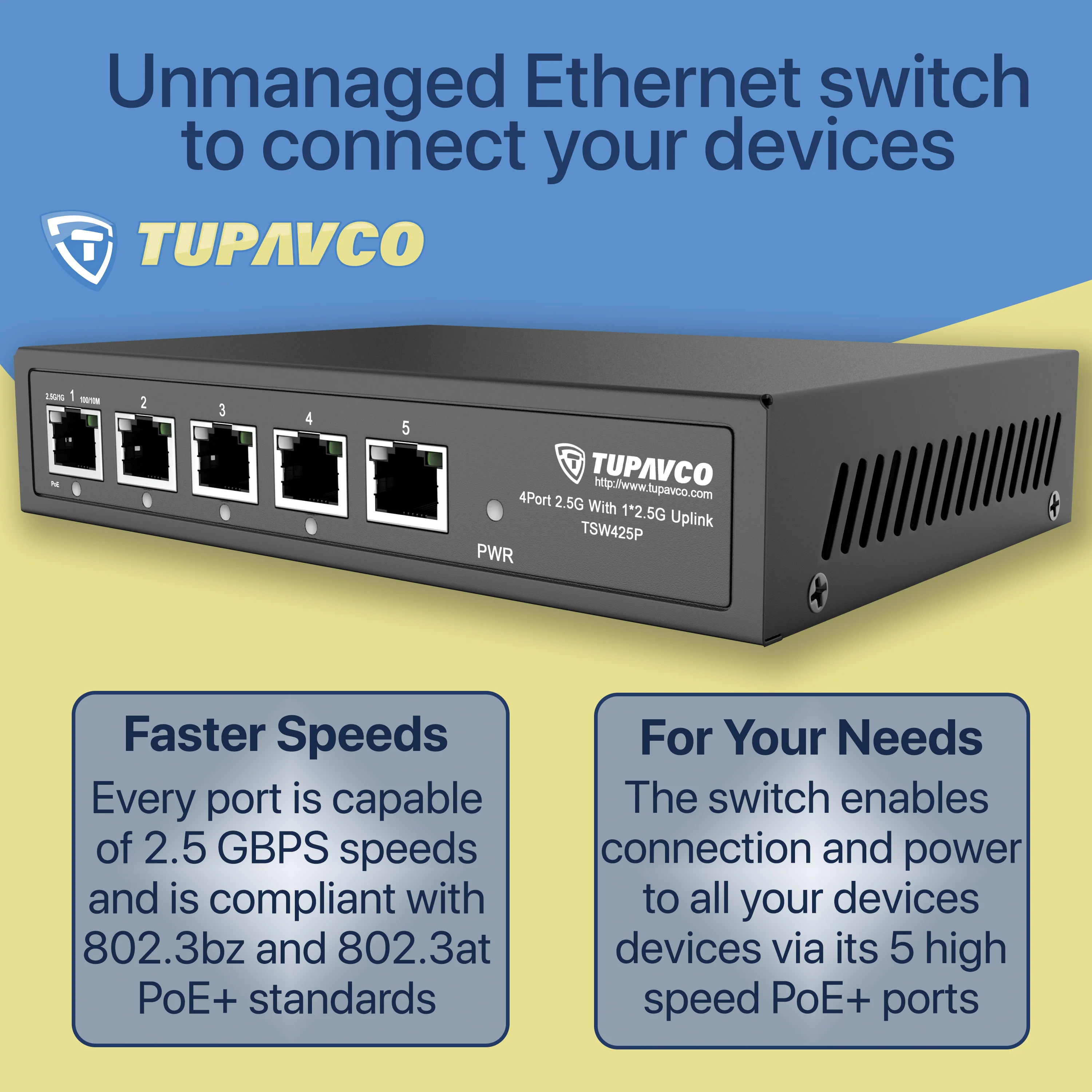 2.5GB Switch (5 Port) PoE++ for Ethernet Network - High Speed 10M/100M/1G/2.5G Gigabit (802.3bz) - Tupavco TP1941 - Image 6