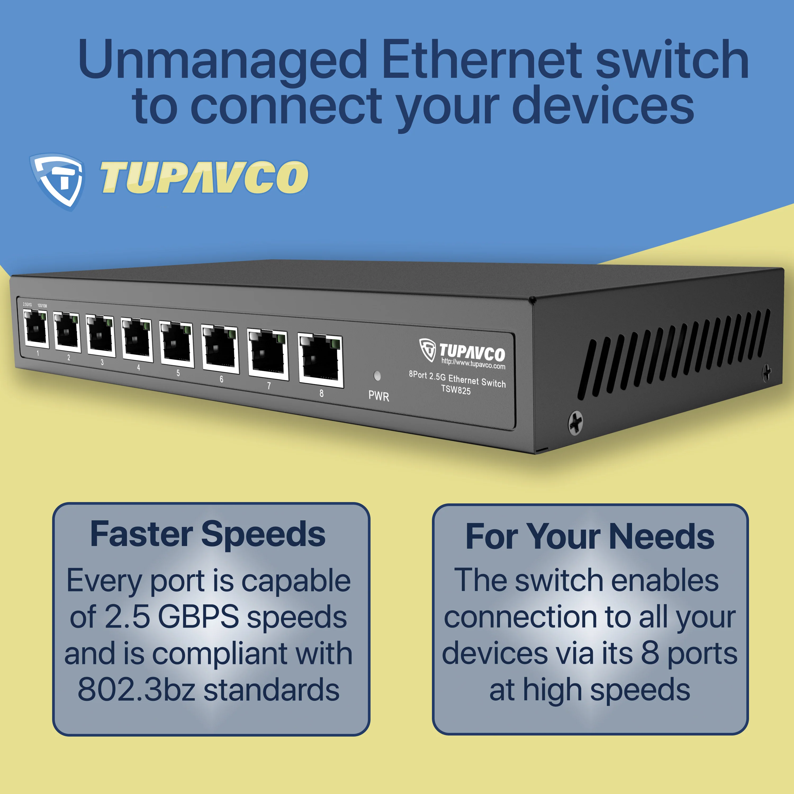 2.5GB Switch (8 Port) for Ethernet Network - High Speed 10M/100M/1G/2.5G Gigabit (802.3bz) - Tupavco TP1980 - Image 4