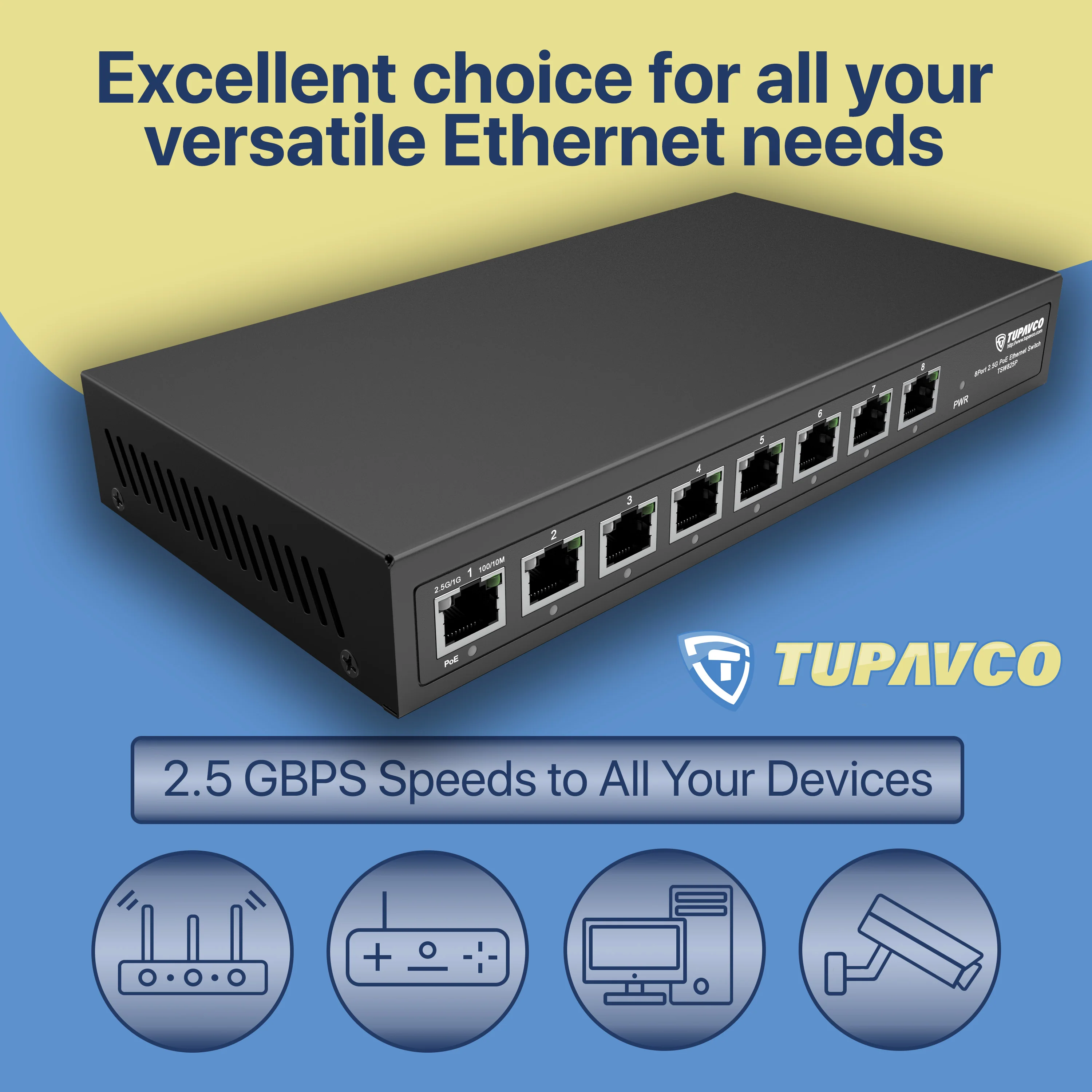 2.5GB Switch (8 Port) PoE++ for Ethernet Network - High Speed 10M/100M/1G/2.5G Gigabit (802.3bz) - Tupavco TP1981 - Image 3