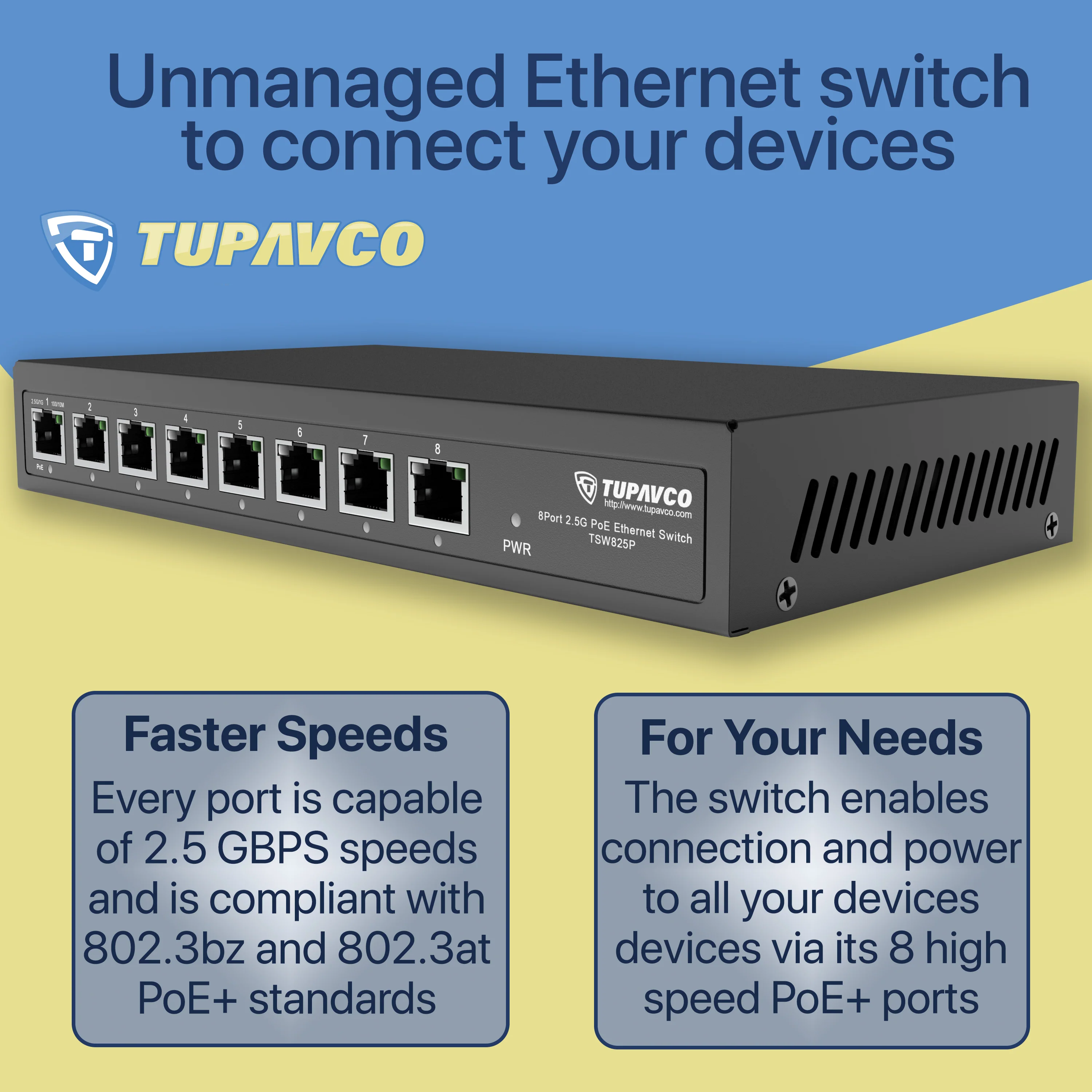 2.5GB Switch (8 Port) PoE++ for Ethernet Network - High Speed 10M/100M/1G/2.5G Gigabit (802.3bz) - Tupavco TP1981 - Image 6