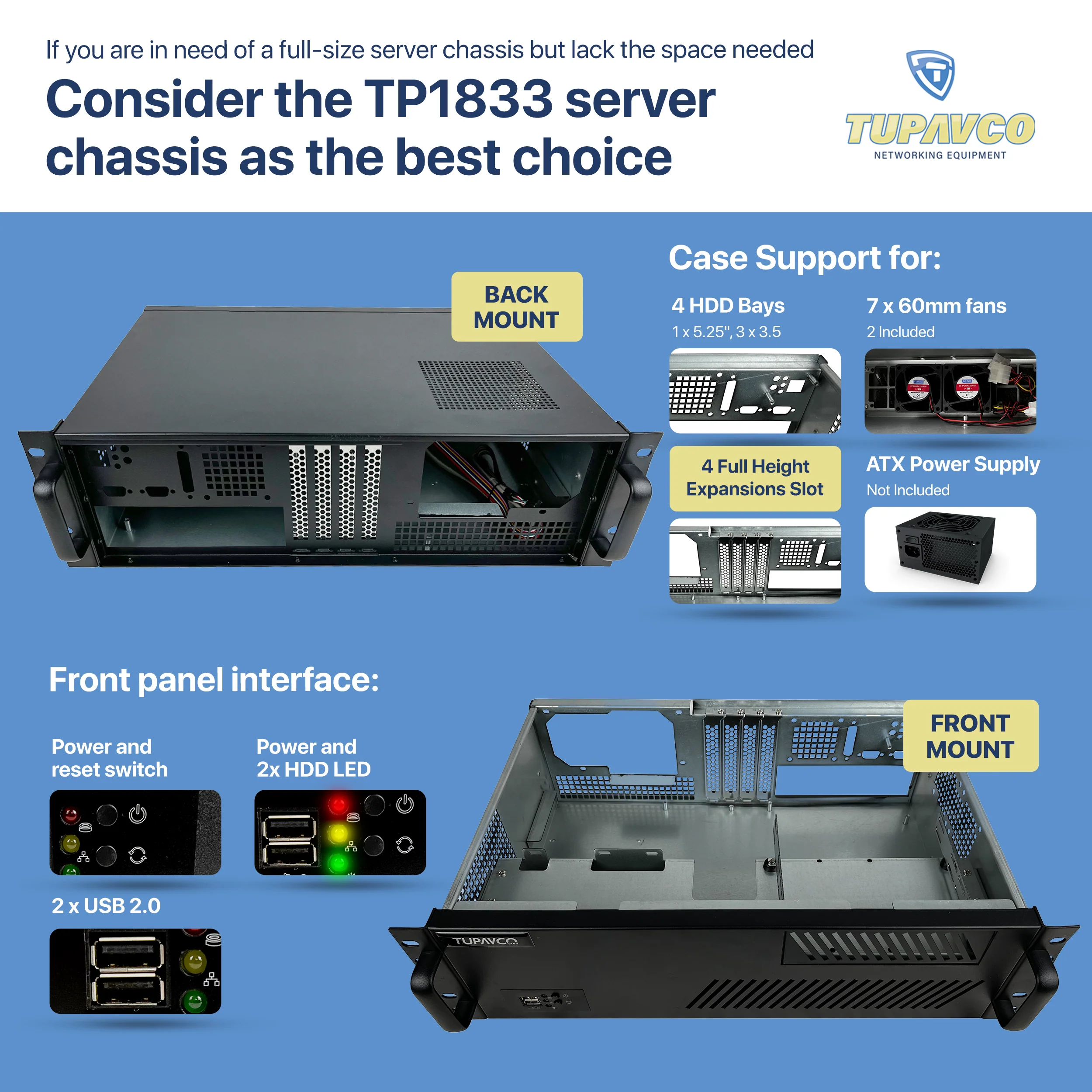 3U Server Chassis - Compact 12" Deep 19" Rackmount ATX Computer Case - Tupavco TP1833 - Image 6