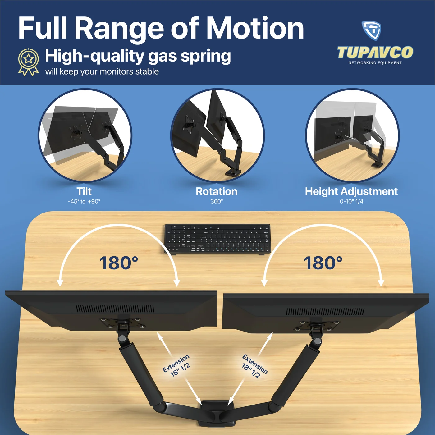 Dual Monitor Stand - Gas Spring Monitor Arm - Fully Adjustable Motion (Rotation/Tilt/Swivel) - Image 11