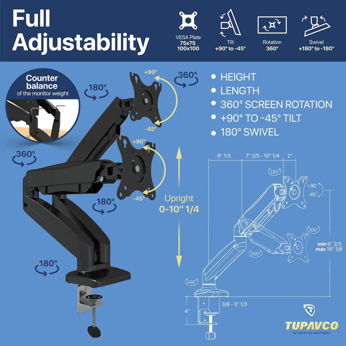 Dual Monitor Stand - Gas Spring Monitor Arm - Fully Adjustable Motion (Rotation/Tilt/Swivel) - Image 7