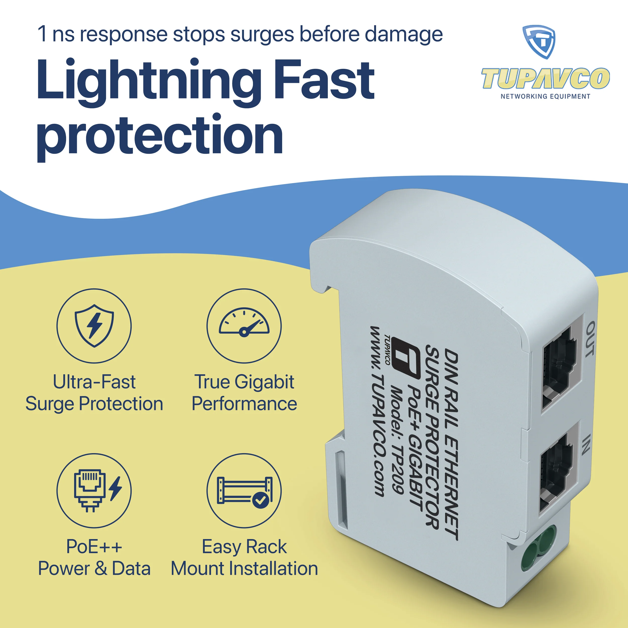 Ethernet Surge Protector DIN Rail Mounted Gigabit - Compatible with PoE++ - Tupavco TP209 - Image 2