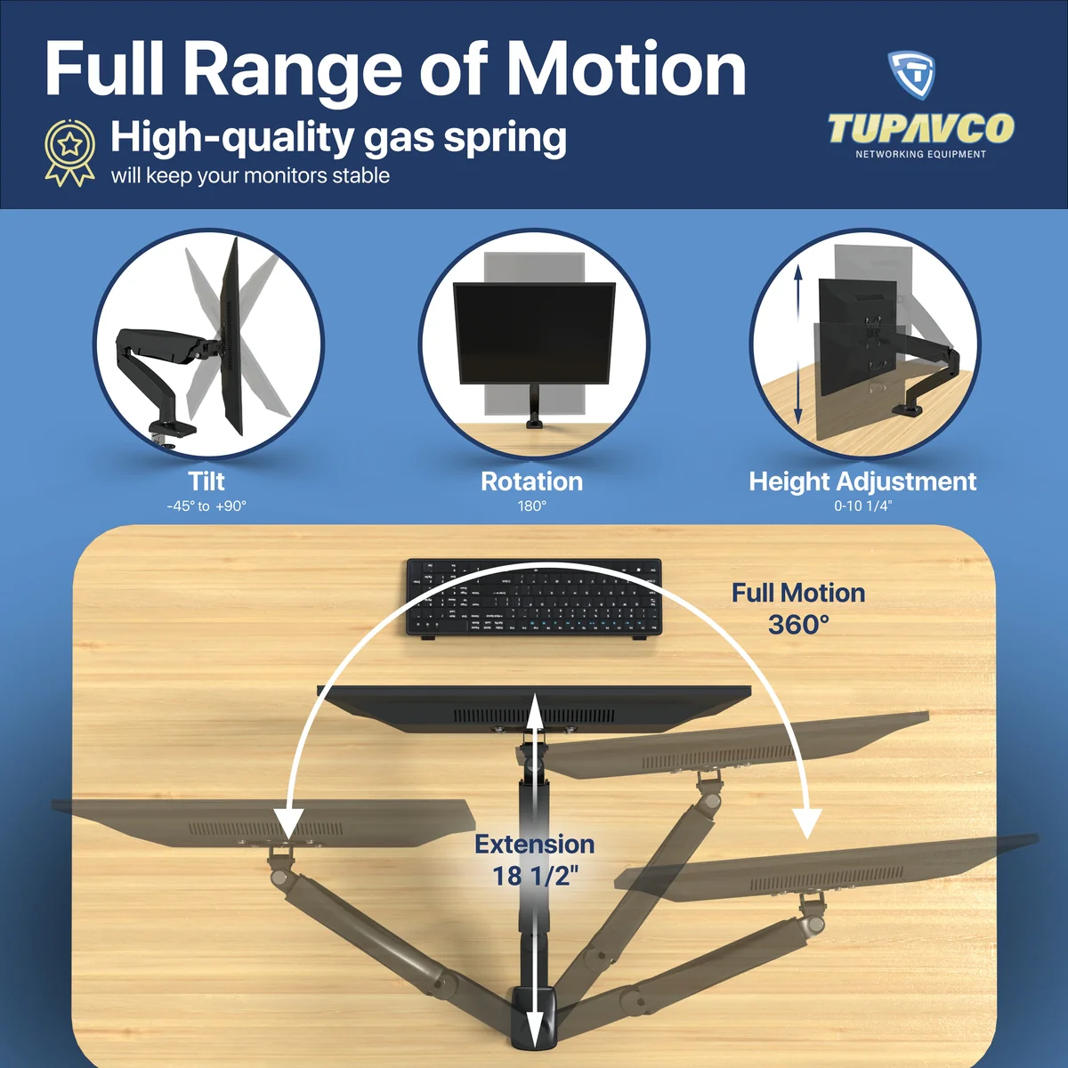Monitor Arm - Gas Spring Single Monitor Stand - Fully Adjustable Motion (Rotation/Tilt/Swivel) - Image 10