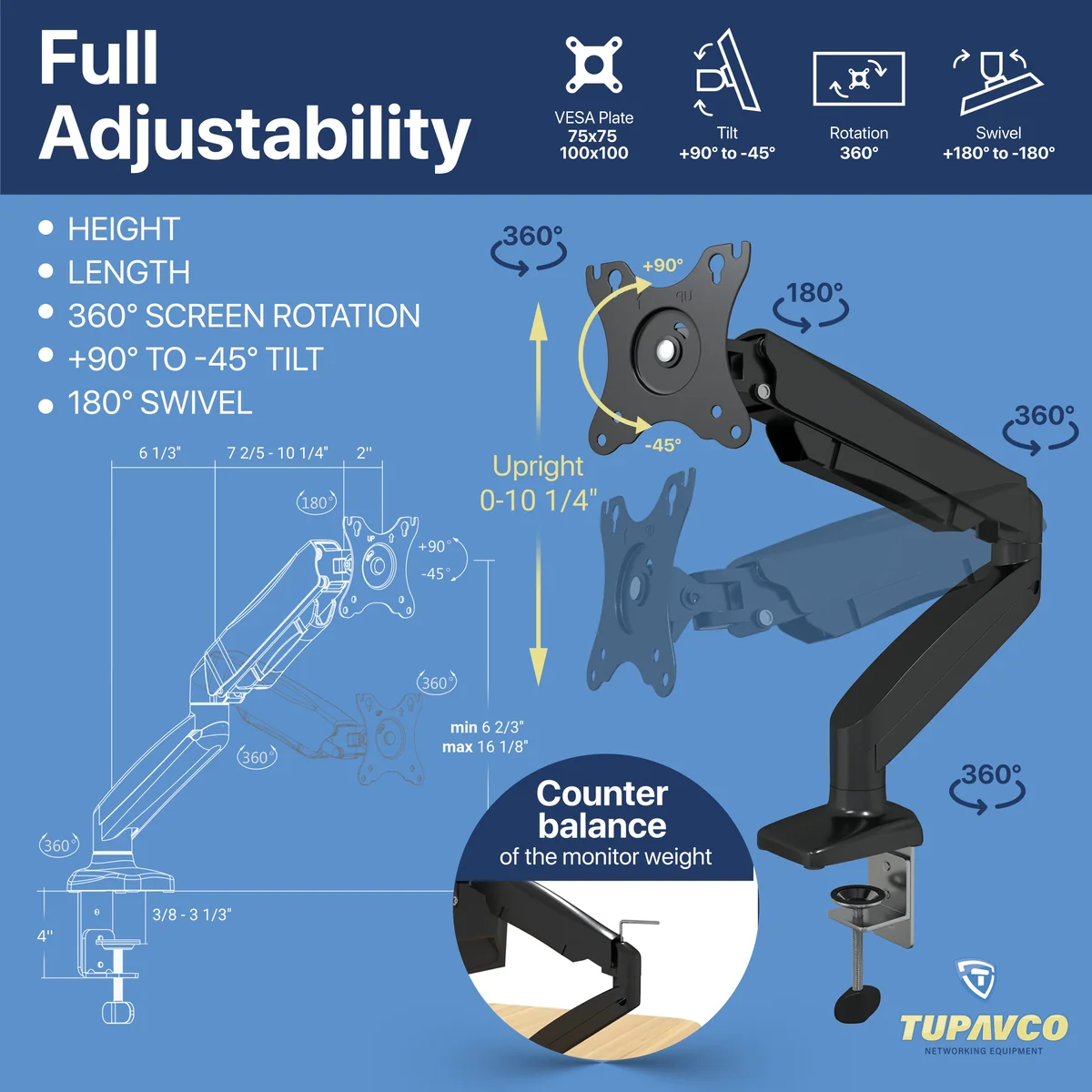 Monitor Arm - Gas Spring Single Monitor Stand - Fully Adjustable Motion (Rotation/Tilt/Swivel) - Image 6