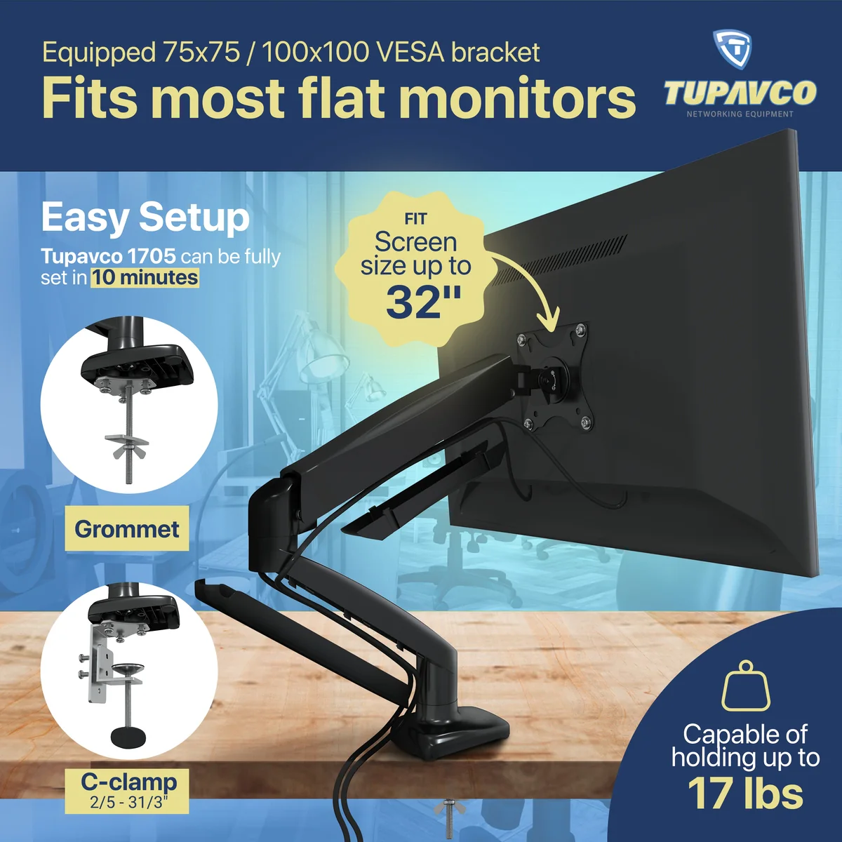 Monitor Arm - Gas Spring Single Monitor Stand - Fully Adjustable Motion (Rotation/Tilt/Swivel) - Image 7