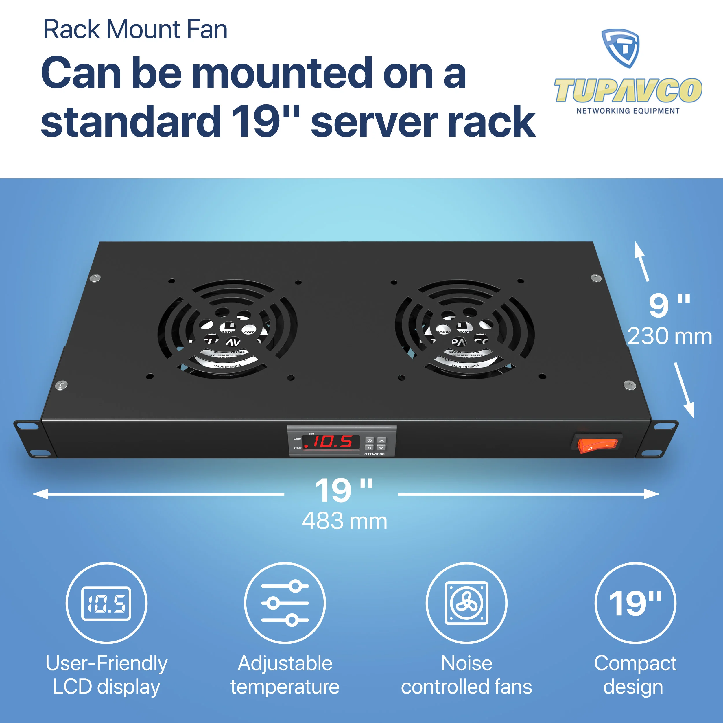 Rack Mount Fan - 2 Fan Server Cooling System - 1U 19" Rackmount Cabinet Panel Adjustable Temperature Control - Image 3