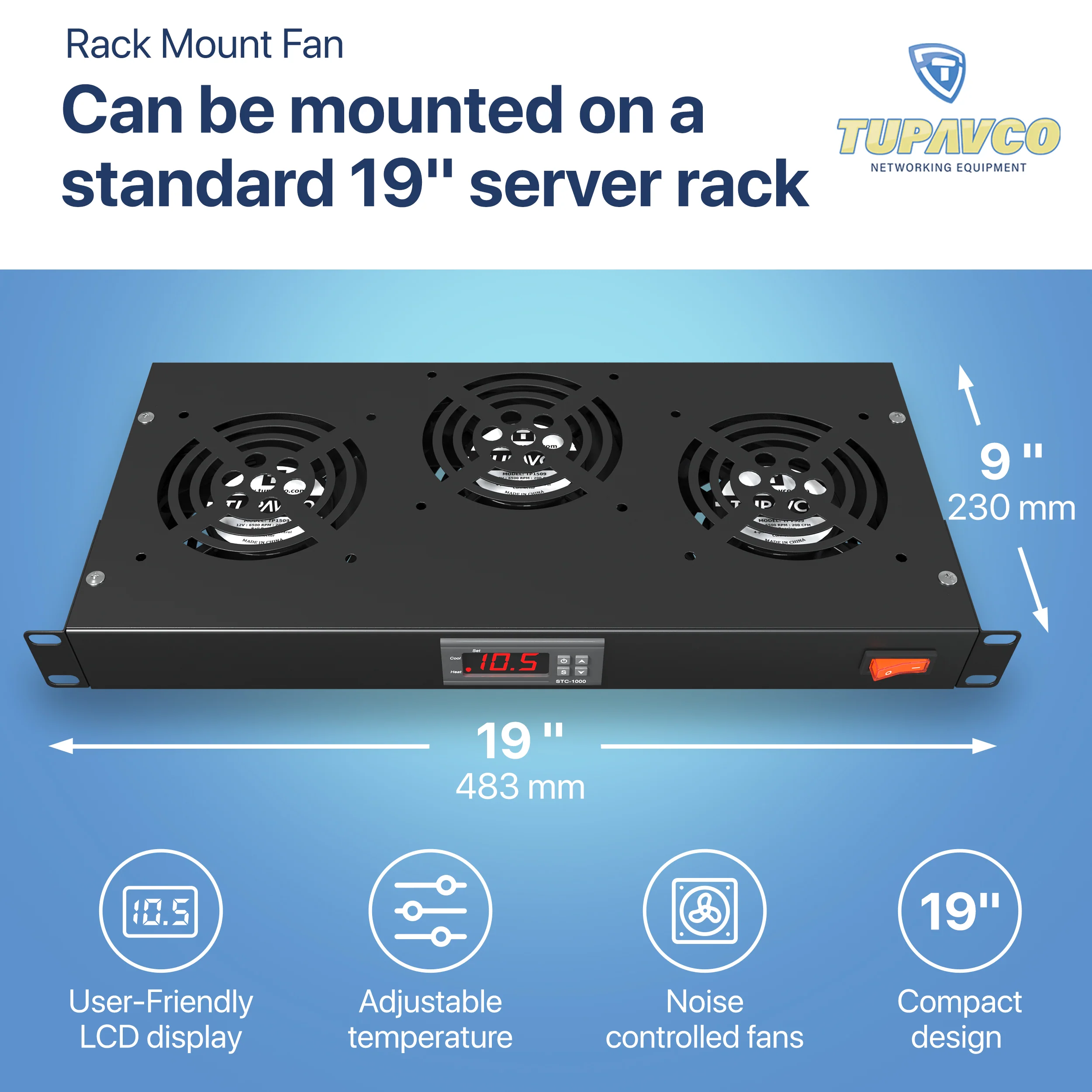 Rack Mount Fan - 3 Fan Server Cooling System - 1U 19" Rackmount Cabinet Panel Adjustable Temperature Control - Image 3