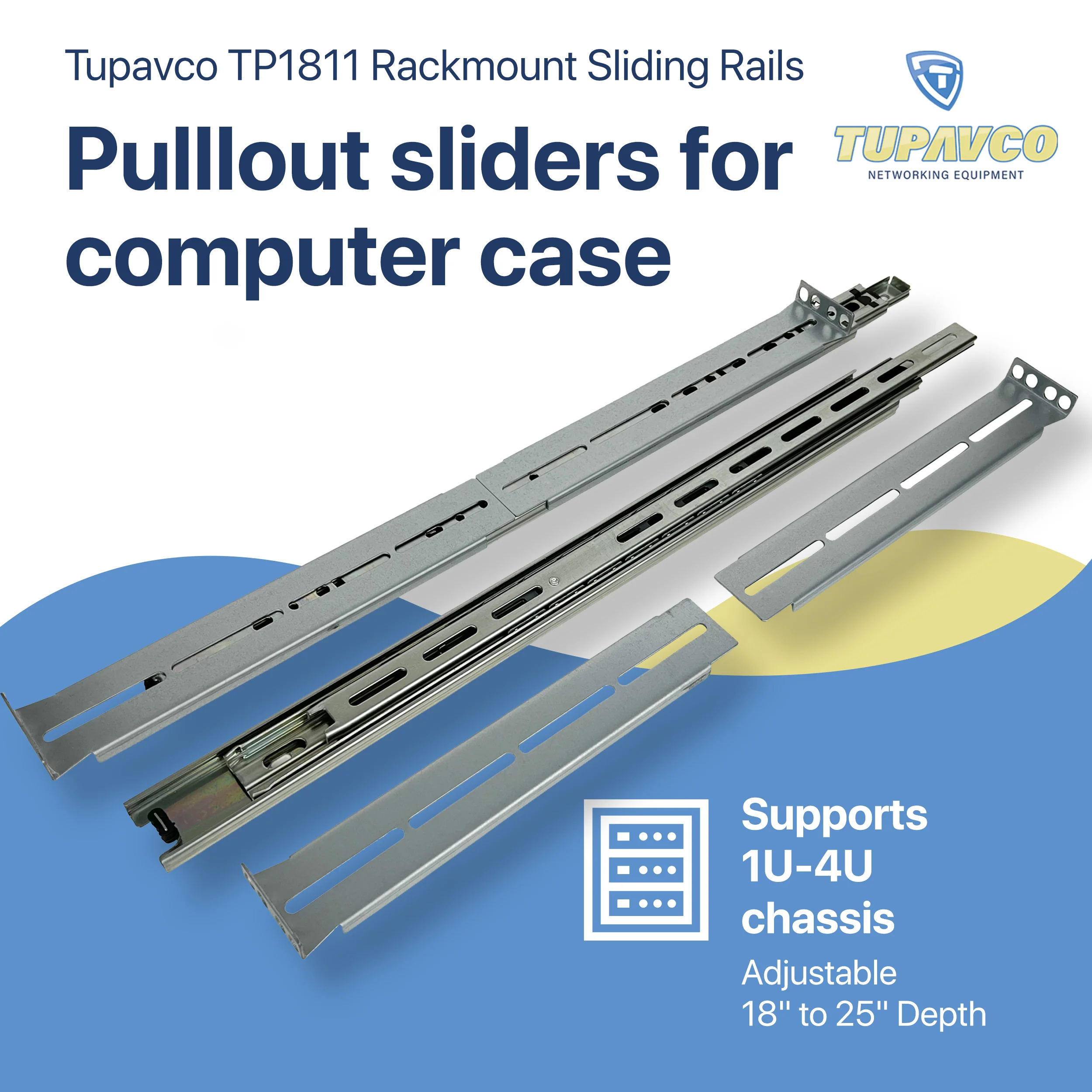 Rackmount Sliding Rails - Kit for 1U-4U Chassis (Adjustable 18" to 25" Depth) 2 or 4 Post Mount Sliders for Server Case - Tupavco TP1811 - Image 2
