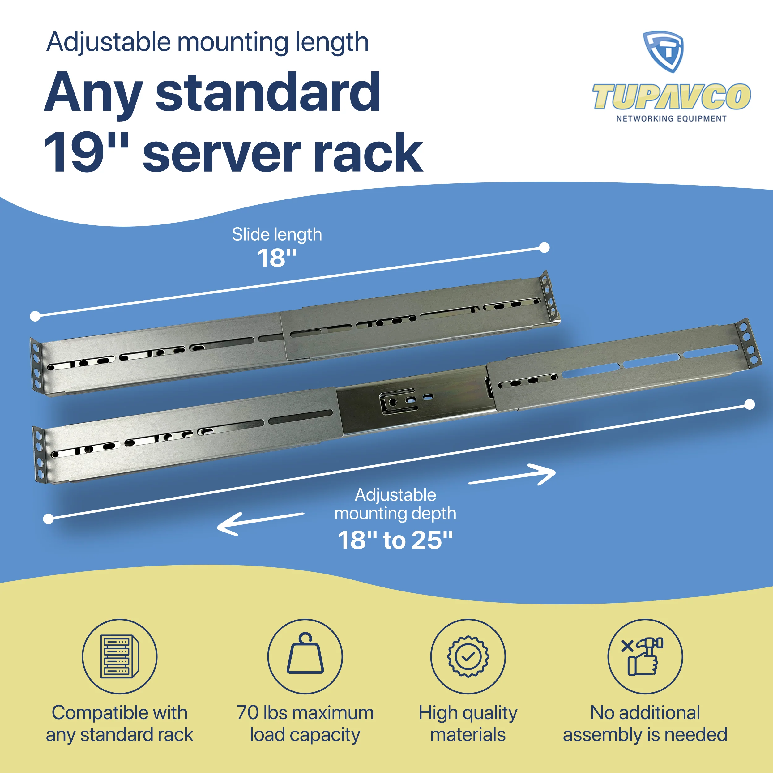 Rackmount Sliding Rails - Kit for 1U-4U Chassis (Adjustable 18" to 25" Depth) 2 or 4 Post Mount Sliders for Server Case - Tupavco TP1811 - Image 3