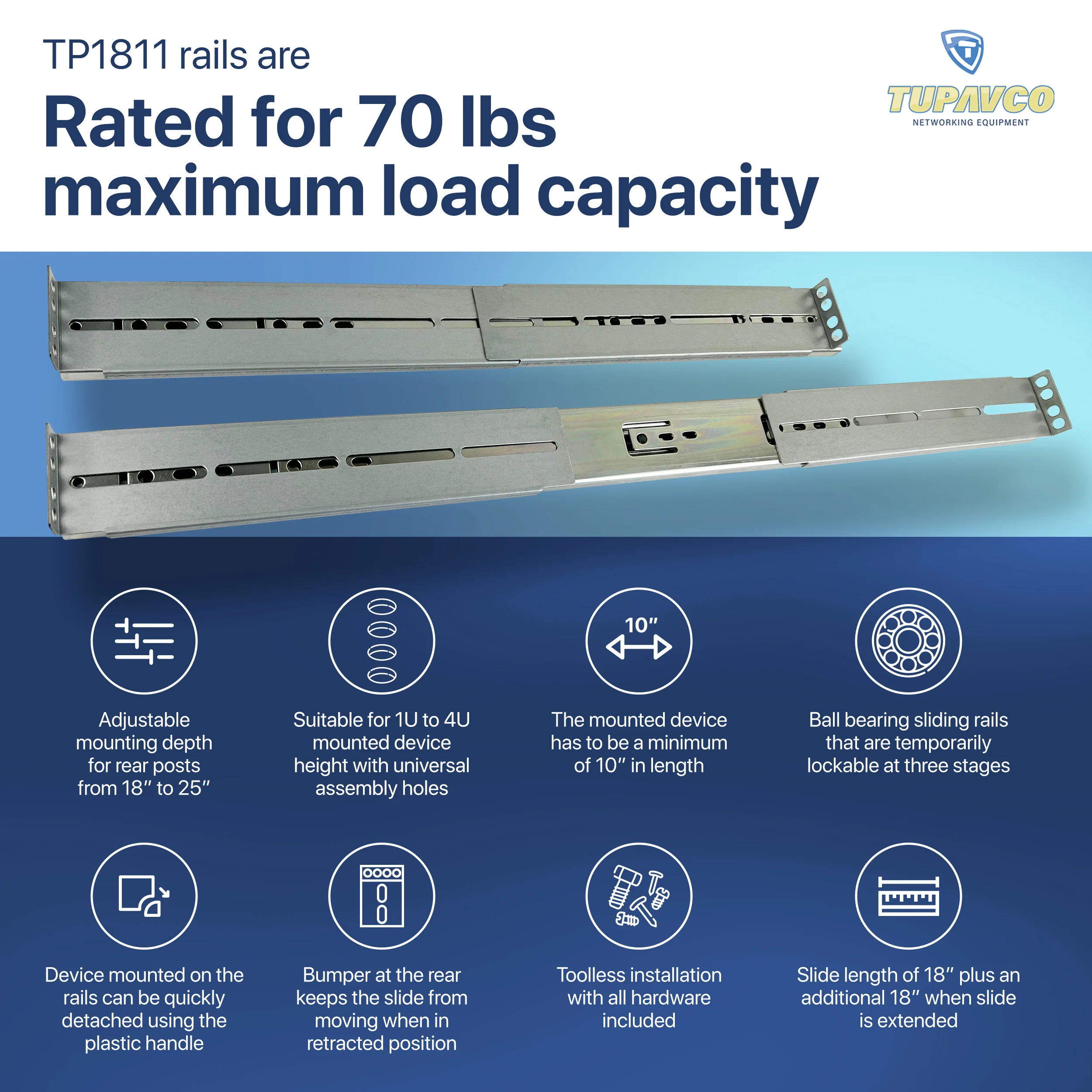 Rackmount Sliding Rails - Kit for 1U-4U Chassis (Adjustable 18" to 25" Depth) 2 or 4 Post Mount Sliders for Server Case - Tupavco TP1811 - Image 7
