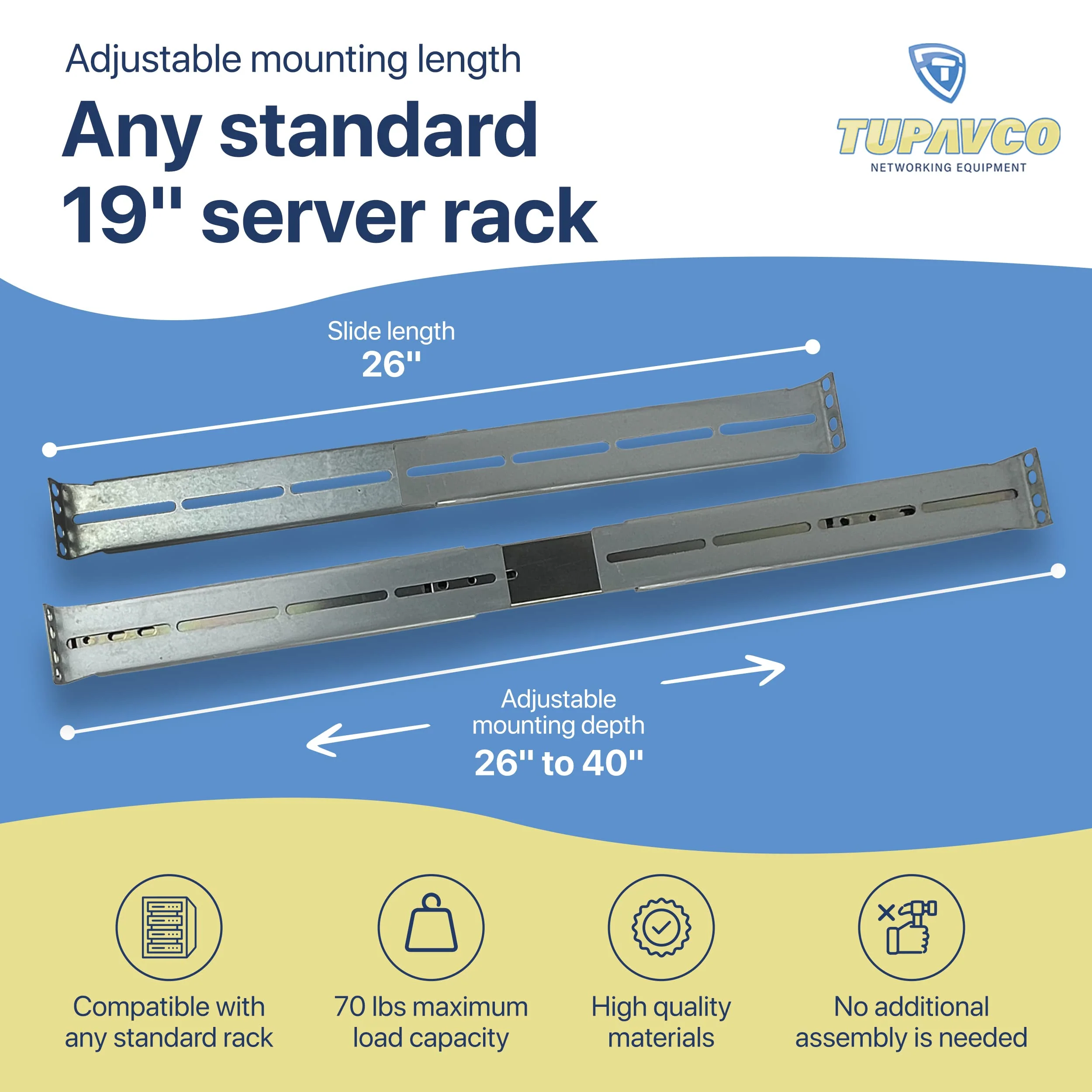 Rackmount Sliding Rails - Kit for 1U-4U Chassis (Adjustable 26" to 40" Depth) 2 or 4 Post Mount Sliders for Server Case - Tupavco TP1812 - Image 3
