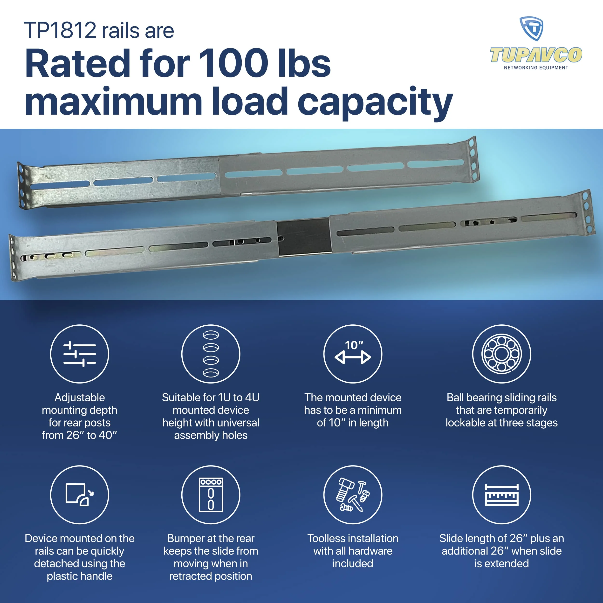 Rackmount Sliding Rails - Kit for 1U-4U Chassis (Adjustable 26" to 40" Depth) 2 or 4 Post Mount Sliders for Server Case - Tupavco TP1812 - Image 4