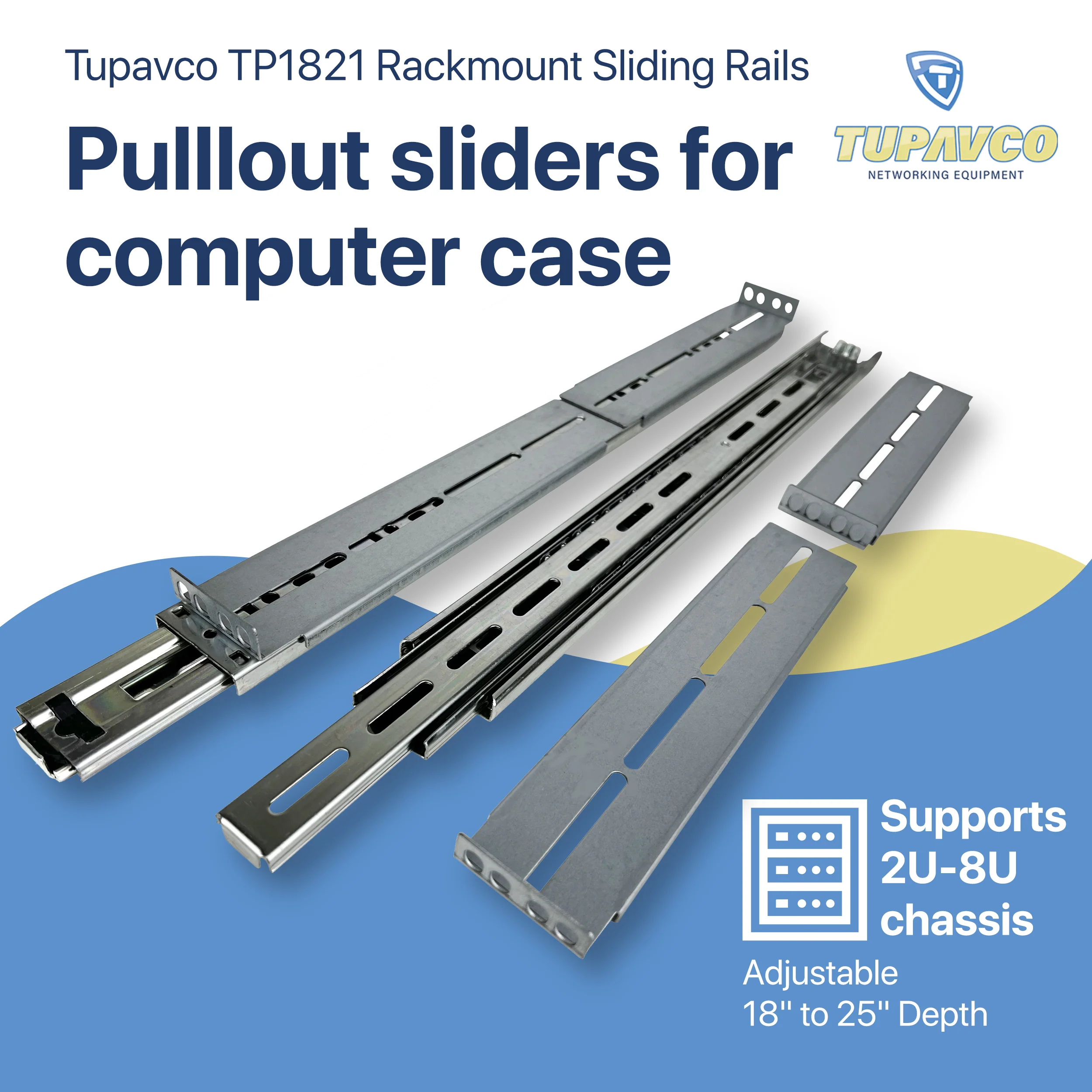 Rackmount Sliding Rails - Kit for 2U-8U Chassis (Adjustable 18" to 25" Depth) 2 or 4 Post Mount Sliders for Server Case - Tupavco TP1821 - Image 2