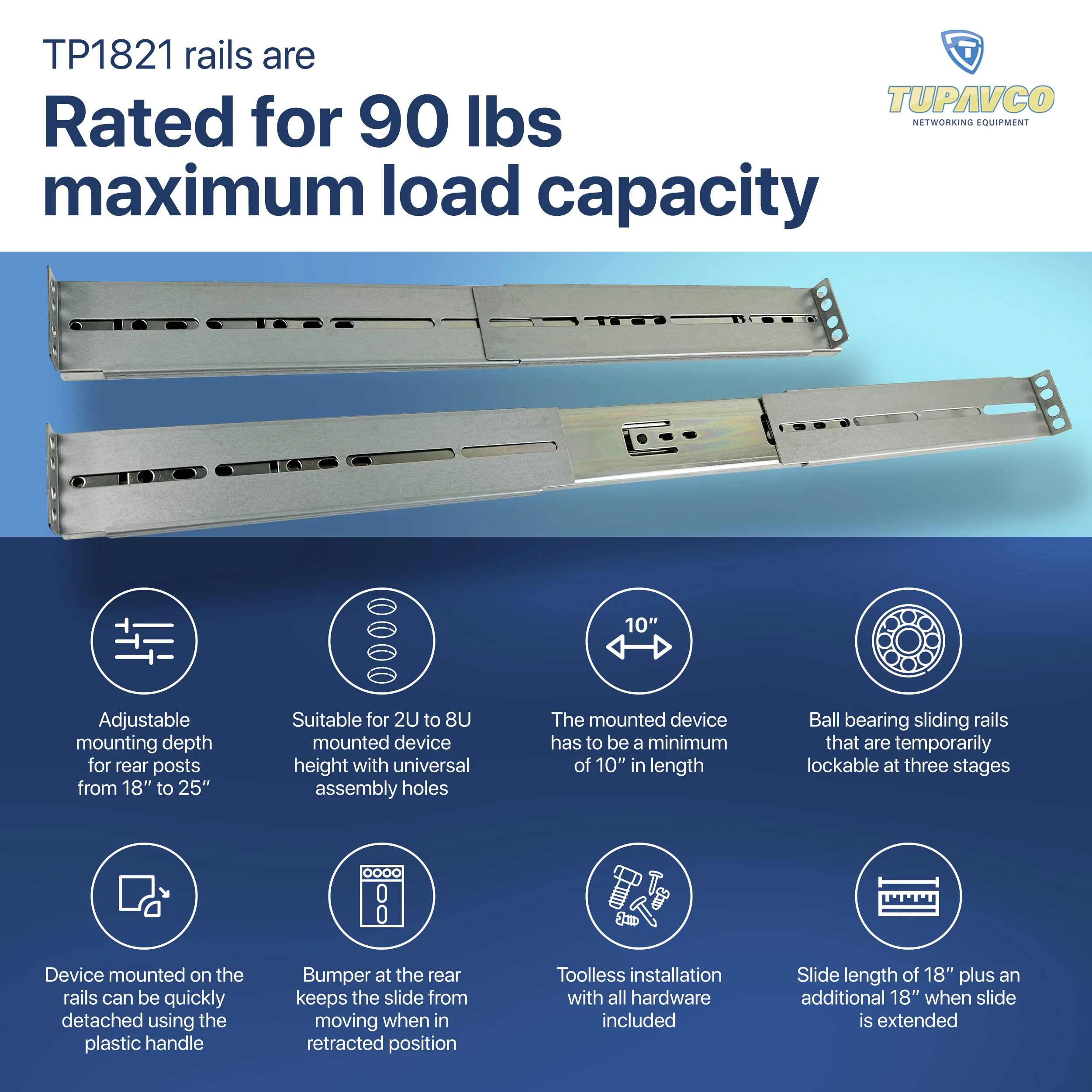 Rackmount Sliding Rails - Kit for 2U-8U Chassis (Adjustable 18" to 25" Depth) 2 or 4 Post Mount Sliders for Server Case - Tupavco TP1821 - Image 7
