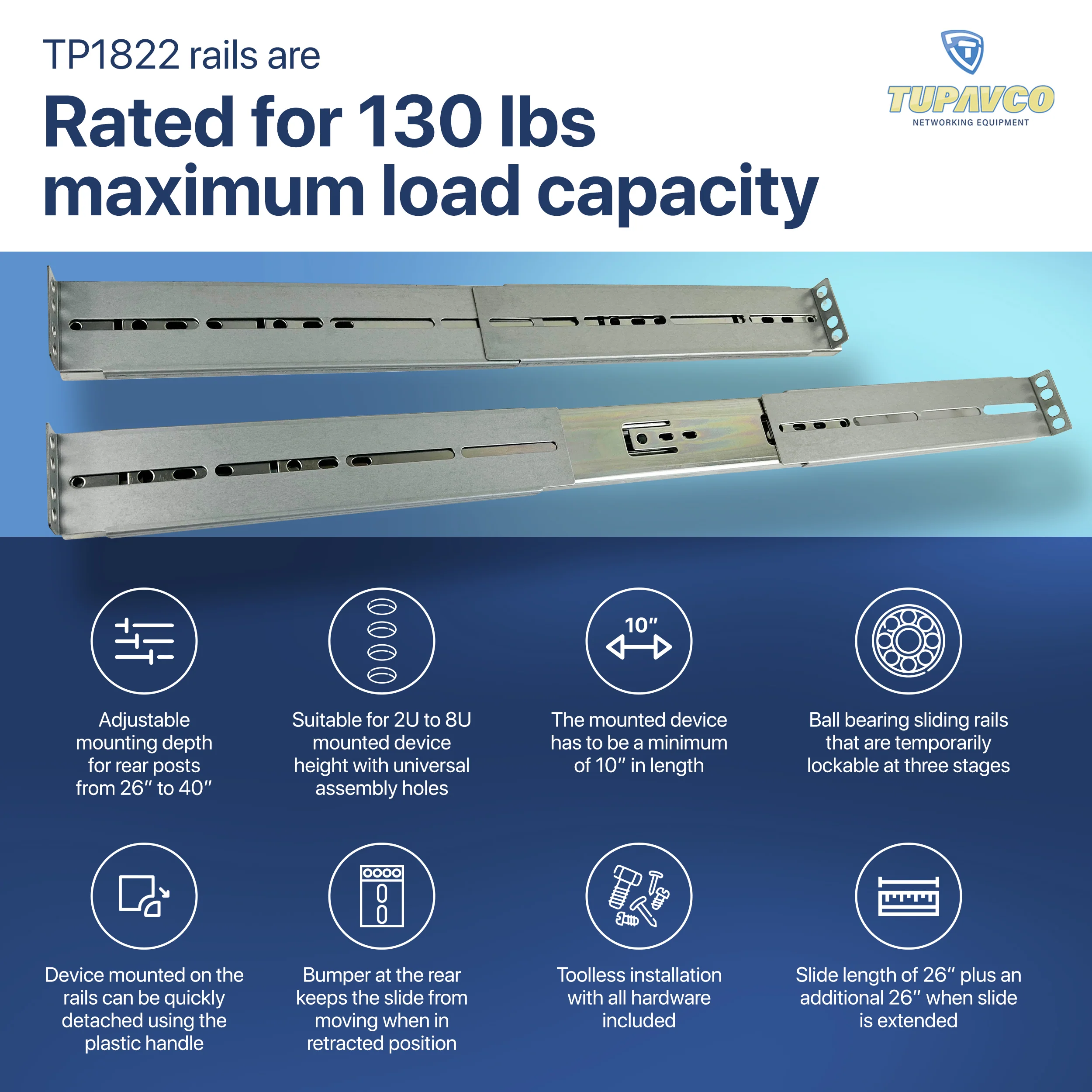 Rackmount Sliding Rails - Kit for 2U-8U Chassis (Adjustable 26" to 40" Depth) 2 or 4 Post Mount Sliders for Server Case - Tupavco 1822 - Image 7