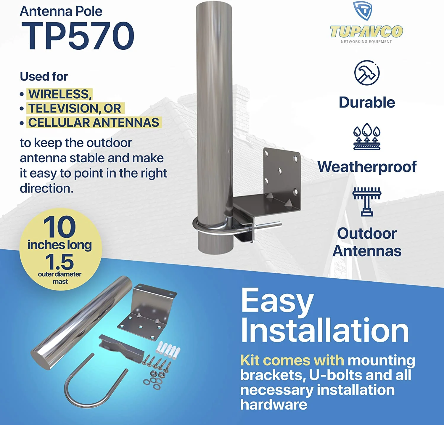 TP570 Antenna Pole Mount for Wifi, TV or LTE/4G Antennas (Yagi, Panel, Grid or Omni) Length 10 inch - 1.5" Mast Diameter (Outdoor and Weatherproof) - Image 6