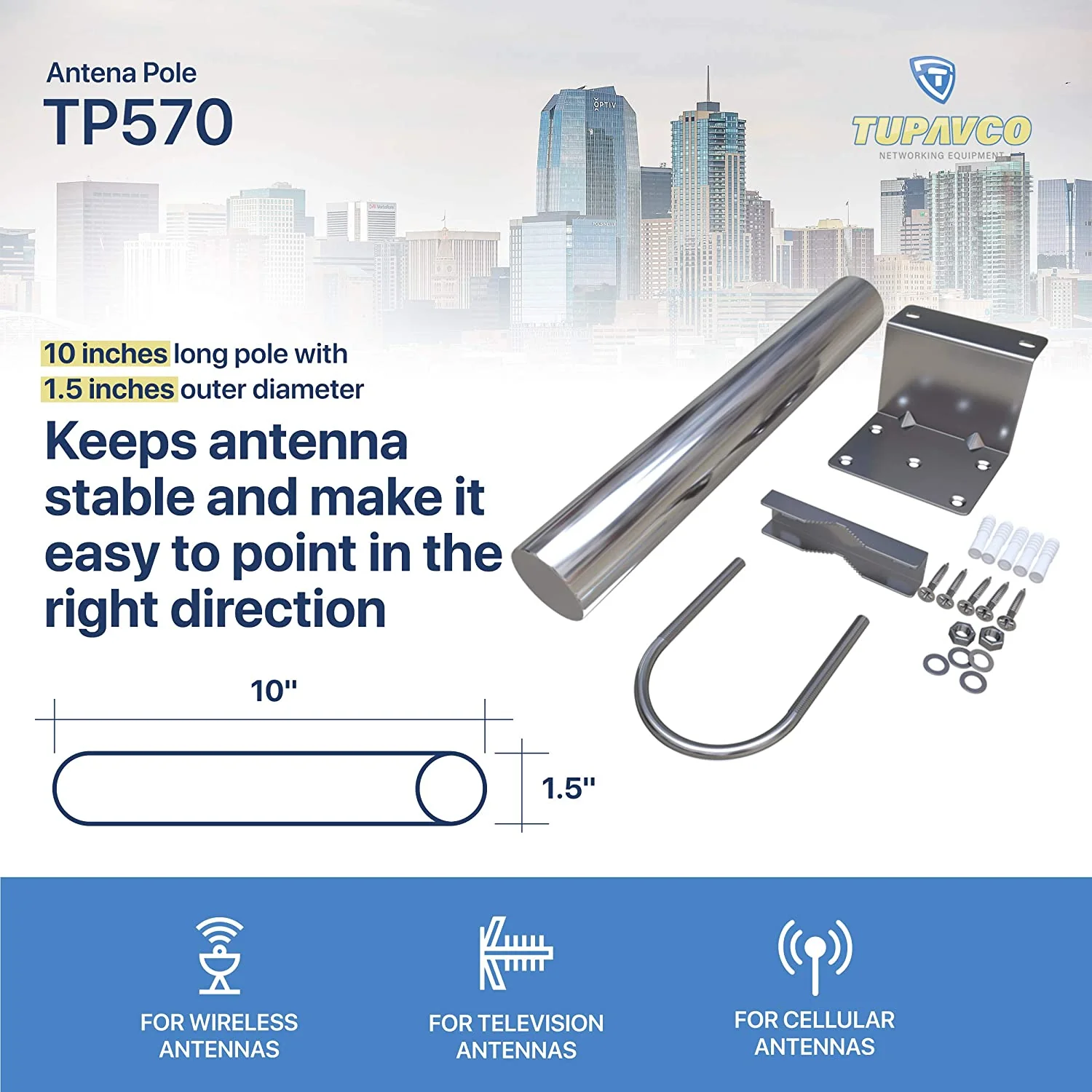 TP570 Antenna Pole Mount for Wifi, TV or LTE/4G Antennas (Yagi, Panel, Grid or Omni) Length 10 inch - 1.5" Mast Diameter (Outdoor and Weatherproof) - Image 8