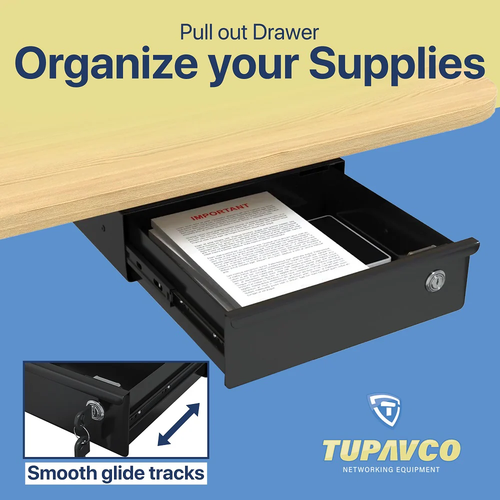 Under Desk Sliding Pull Out Drawer - Key Lock Storage with Padded Extra Shelf Compartment - Image 7